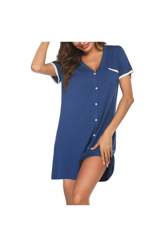 Womens V-Neck Button down Nightgown Nightshirt Short Sleeve Sleep Shirts Sleepwear Pajama Dress