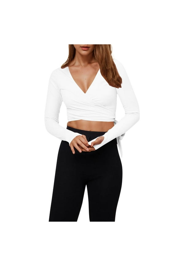 Womens V Neck Wrap Tops Workout Shirt Long Sleeve Slim Fit Casual Yoga Gym Tie Tops Cross Yoga Blouse Top