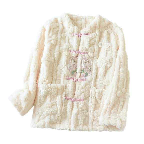 cfhntfmh Womens Warm Winter Coat with Pockets Pullover Sleepwear Fuzzy Fleece Jacket Long Sleeve Soft Plush Pajama Tops（Beige,Medium)