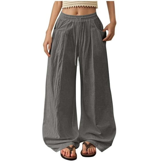 cfhntfmh Womens Wide Leg Palazzo Pants Summer Boho Drawstring Casual Lounge Pant Solid Color Beach Vacation Outfit