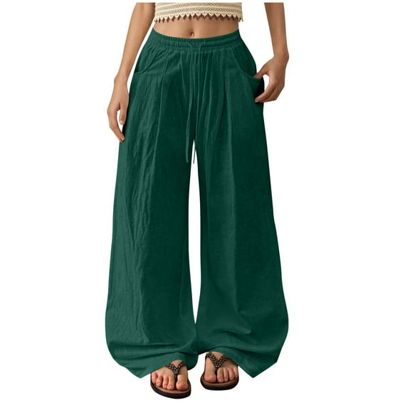 cfhntfmh Womens Wide Leg Palazzo Pants Summer Boho Drawstring Casual Lounge Pant Solid Color Beach Vacation Outfit