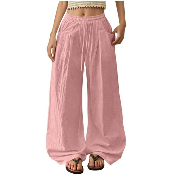 cfhntfmh Womens Wide Leg Palazzo Pants Summer Boho Drawstring Casual Lounge Pant Solid Color Beach Vacation Outfit