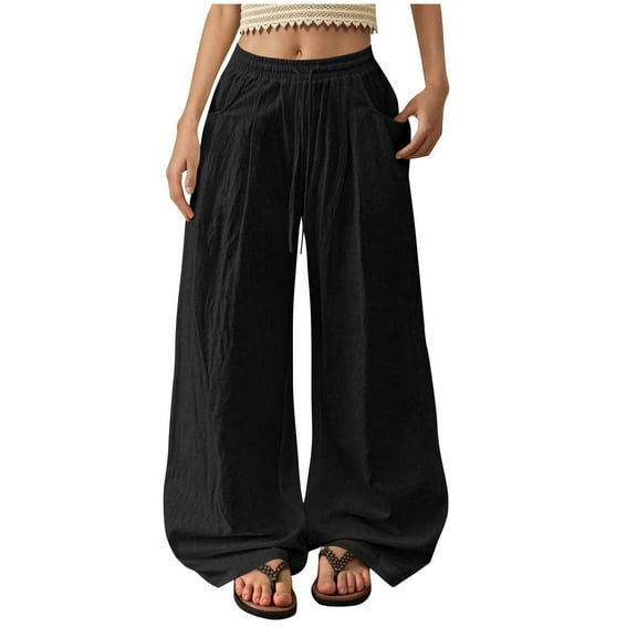 cfhntfmh Womens Wide Leg Palazzo Pants Summer Boho Drawstring Casual Lounge Pant Solid Color Beach Vacation Outfit