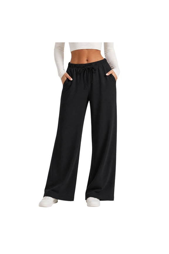 Womens Wide Leg Pants Casual Elastic Mid Wasited Pants with Pockets Dressy Drawstring Lounge Pnts