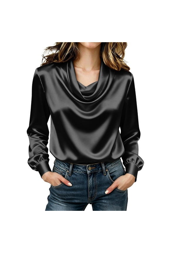 Womens Work Shirts Casual Long Sleeve Cowl Neck Elegant Satin Tops Fall Office Work Shirt Silk Top