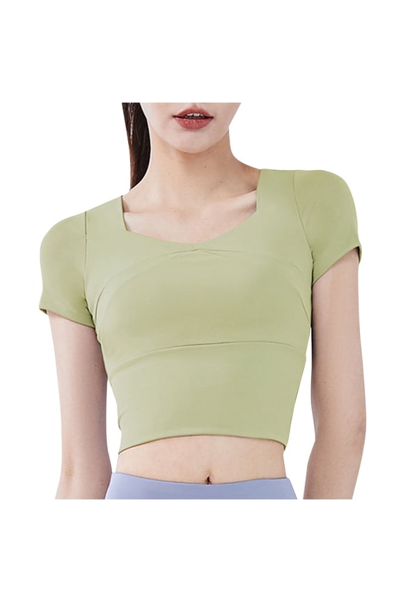 Womens Workout Crop Tops Comfy Yoga Scoop Neck Short Sleeve Shirt Fitting Athletic Tunics with Bra Pads