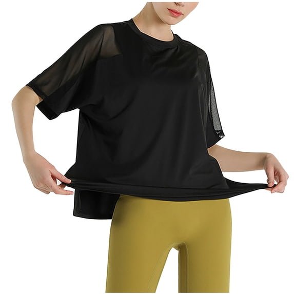 cfhntfmh Womens Workout Tops Short Sleeve Crewneck Shirt Loose Spliced Netting Athletic Summer Tees