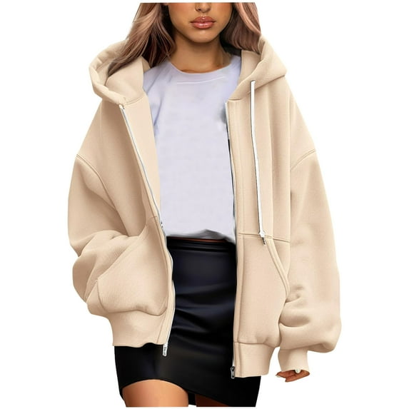 cfhntfmh Womens Zip up Hoodies Fleece Lined Long Sleeve Oversized Sweatshirts Jacket with Pockets Fall Fashion Warm Clothes(White,X-Large)