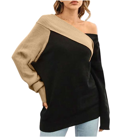 cfhntfmh Womens off the Shoulder Sweater Top Fall Oversized Knit Long Sleeve Color Block Pullover Sweaters Trendy Outfit(Black,Small)