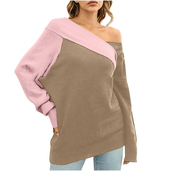 cfhntfmh Womens off the Shoulder Sweater Top Fall Oversized Knit Long Sleeve Color Block Pullover Sweaters Trendy Outfit（Khaki,XX-Large)