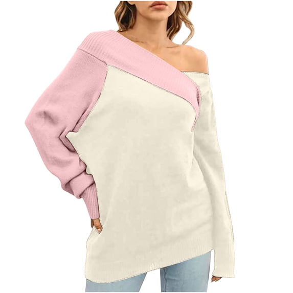 cfhntfmh Womens off the Shoulder Sweater Top Fall Oversized Knit Long Sleeve Color Block Pullover Sweaters Trendy Outfit(White,X-Large)