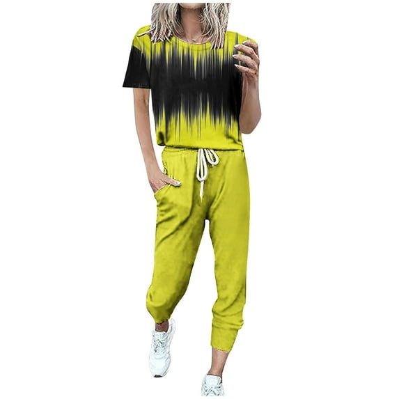cfhntfmh Workout Sets for Women Fashion Print Short Sleeve T-Shirts Loungewear Pocketed Jogger Pants 2 Piece Athletic Outfits