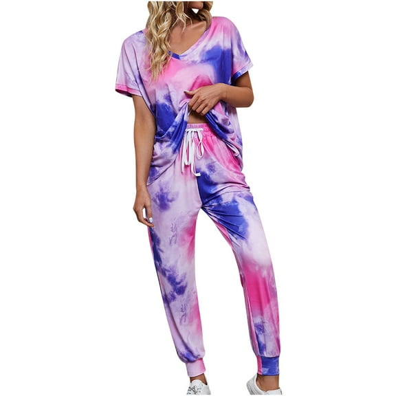 cfhntfmh Workout Sets for Women Fashion Print Short Sleeve V Neck T-Shirts Sport Jogger Pants 2 Piece Athletic Outfits