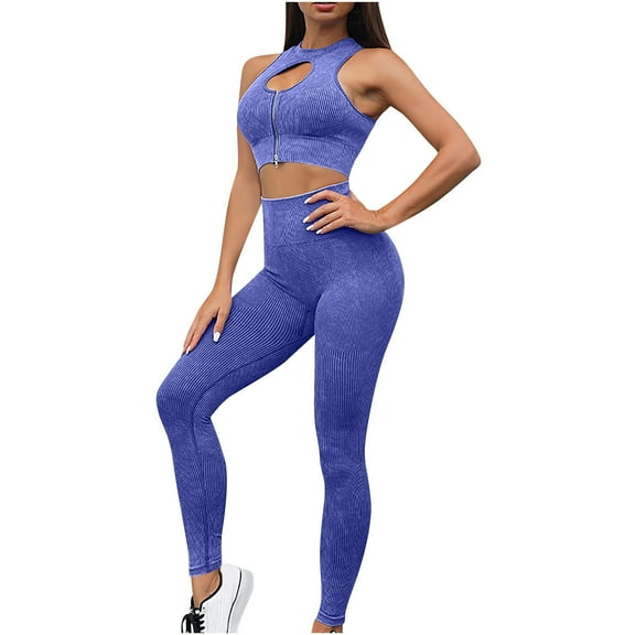 cfhntfmh Workout Sets for Women Seamless High Waisted Yoga Leggings Cutout Front Zipped Sports Bras Activewear Matching Set