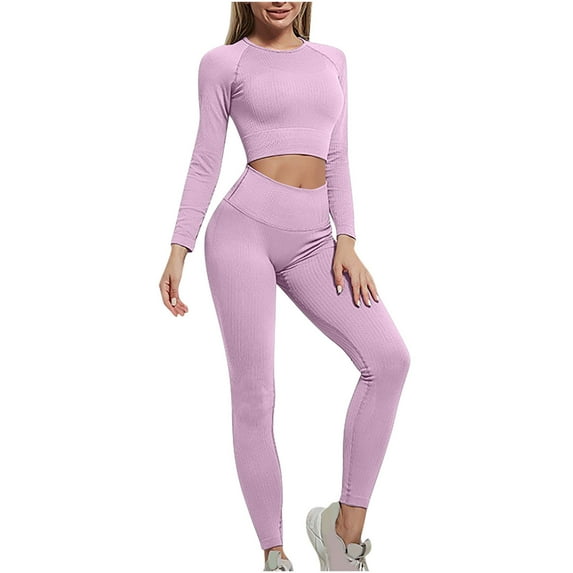 cfhntfmh Workout Sets for Women Slim Crewneck Long Sleeve Crop Tops Soft Stretch Athletic Running Yoga Outfits
