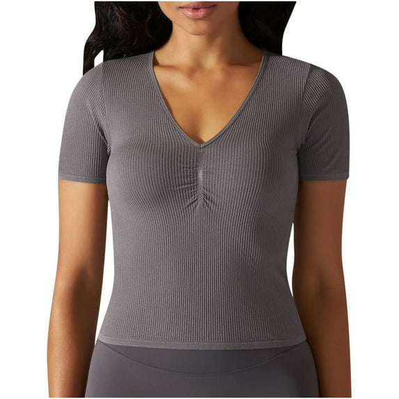 cfhntfmh Workout Tops for Women Slim Stretch V Neck Short Sleeve Basic T-Shirts Ribbed Solid Color Athletic Tees