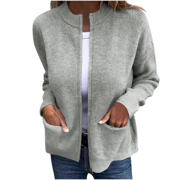 cfhntfmh Zip up Sweatshirts for Women Plus Size Casual Ribbed Long Sleeve Outerwear Fall Soft Knit Jackets Coat