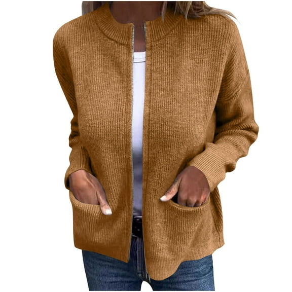 cfhntfmh Zip up Sweatshirts for Women Plus Size Casual Ribbed Long Sleeve Outerwear Fall Soft Knit Jackets Coat