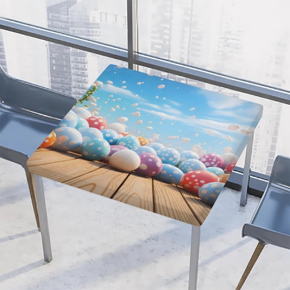 cfpolar Easter Tablecloth with Elastic Edge, Easter Egg Wooden Board Waterproof Square Fitted Tablecloth, Wipeable Washable Tablecloths 34 x 34 Inch
