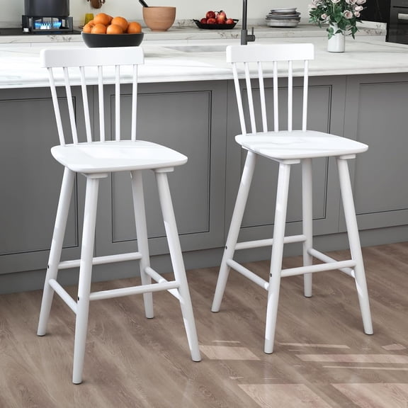 chairus 26" Farmhouse White Bar Stools Set of 2, Wooden Counter Height Stools with Windsor Spindle Back, Modern Country Kitchen Island Bar Chairs