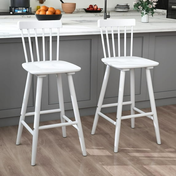 chairus 26" White Windsor Counter Height Bar Stools Set of 2, Farmhouse Wooden Counter Stools with Spindle Back, Modern Rustic Kitchen Island Bar Chairs
