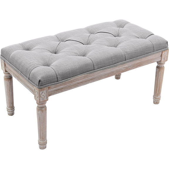 chairus Fabric Entryway Bench with Button Tufted Seat and Rustic Wood Legs, Vintage Bedroom Bench End of Bed, Padded Extra Seating Bench for Living Room Office Studio Hallway, Grey