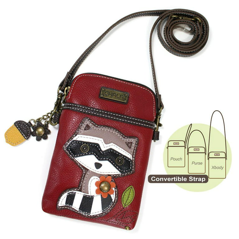 chala crossbody cell phone purse - women pu leather multicolor handbag with  adjustable strap - raccoon - burgundy 