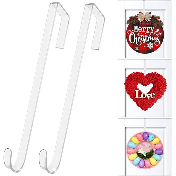 chalian 12 in Wreath Hangers - Clear Over The Door Hooks, 2 Pack Non-Scratch Hooks for Easter, Christmas, Halloween & Fall Wreath Decorations, Welcome Sign for Front Door