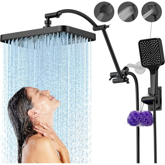 chalian 13 Inch High Pressure Shower Heads with Handheld Spray Combo, Rain Shower Head Extension Arm 19 Inch, Black Rainfall Shower Head with Handheld
