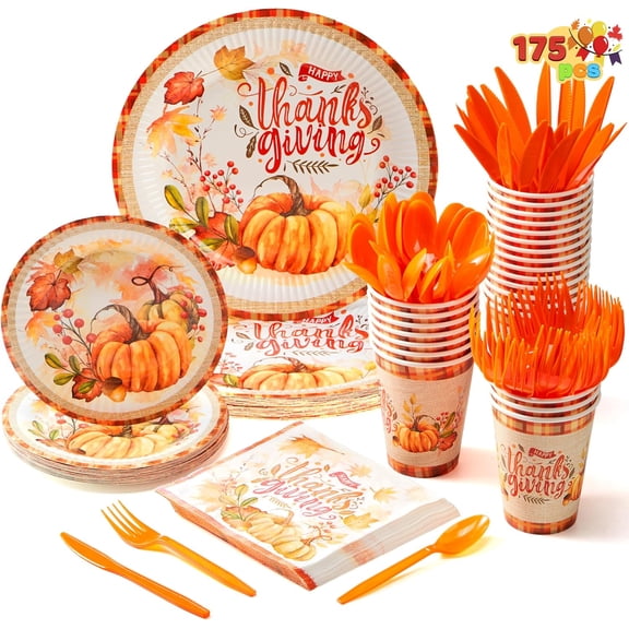 chalian - 175 PCS Thanksgiving Disposable Paper Plates, Paper Gold Disposable Dinnerware Set, Thanksgiving Party Fall Harvest, Party Supplies, Plates and Napkins Sets (25 Guests)