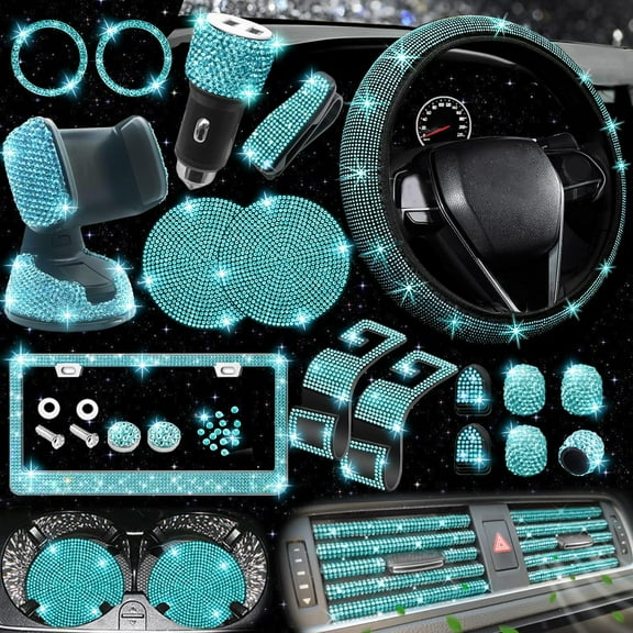 chalian 27 PCs Aquamrine Bling Car Accessories Set for Women, Steering Wheel Covers Universal Fit 15 Inch, Bling License Plate Frame, Bling Phone Holder, Bling Car Coasters (Aquamrine Diamond)