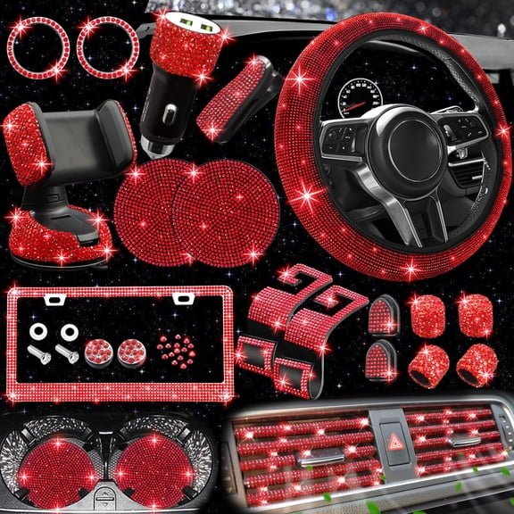 chalian 27 PCs Red Bling Car Accessories Set for Women, Steering Wheel Covers Universal Fit 15 Inch, Bling License Plate Frame, Bling Phone Holder, Bling Car Coasters (Red Diamond)