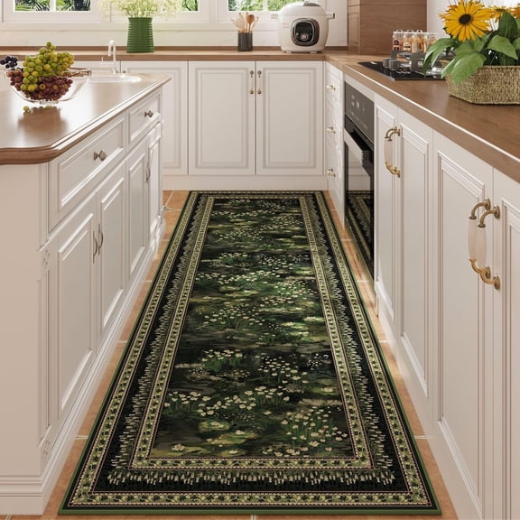 chalian 2x6 Runner Rug Impressionist-Style Vintage Kitchen Rugs Non Slip Washable Soft Carpet Runner for Kitchen Laundry Bedroom Bathroom, Green