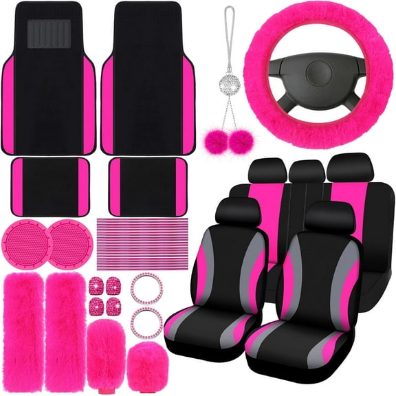 chalian -47 Pcs Car Seat Cover Full Set Car Accessories for Front Rear Seat Fluffy Steering Wheel Cover Belt Automotive Floor Mats Air Conditioner Decoration Strip(Rose Red)