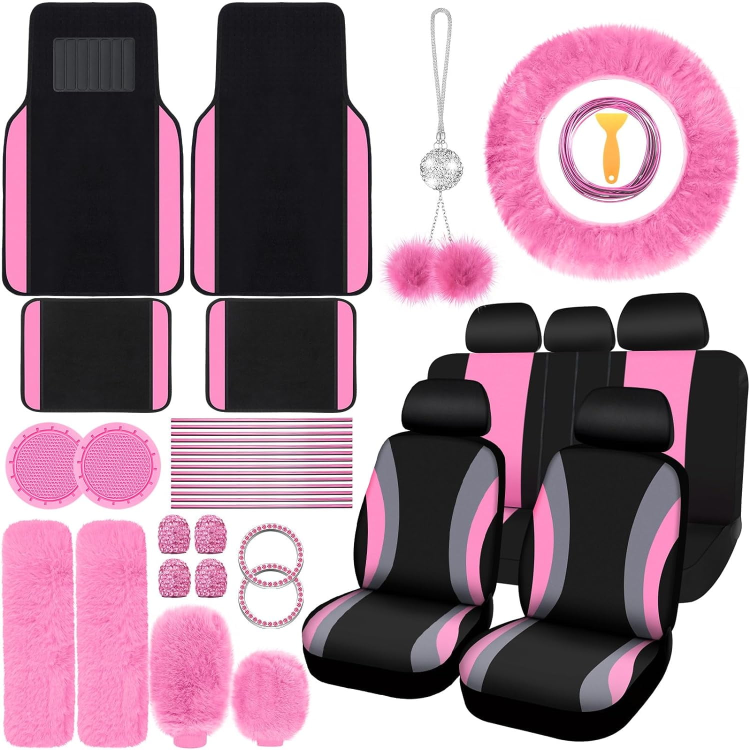chalian 47 Pcs Car Seat Cover Full Set Car Accessories for Front Rear Seat Fluffy Steering Wheel Cover Belt Automotive Floor Mats Air Conditioner Decoration Strip(Black and Pink)