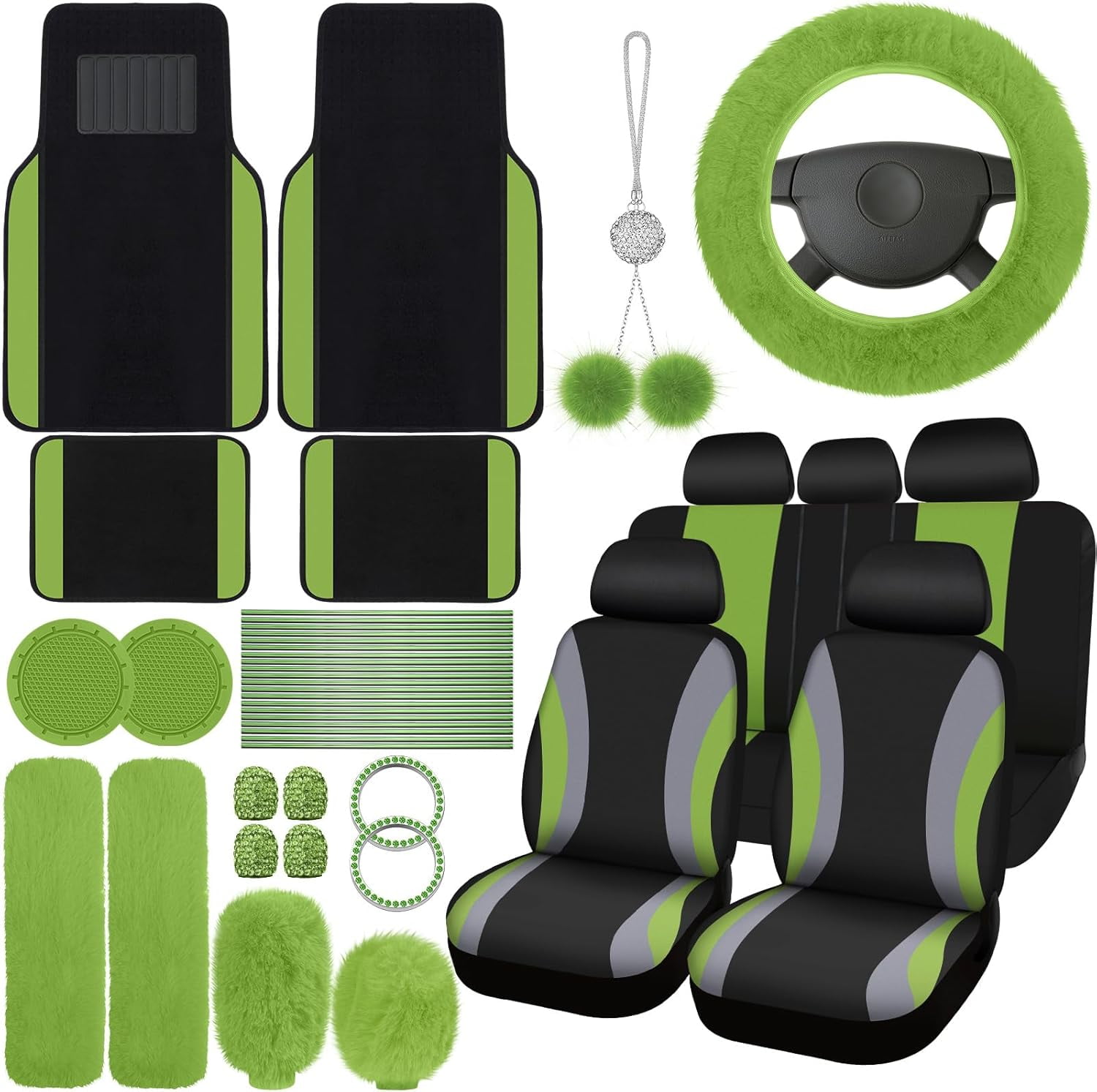 chalian 47 Pcs Car Seat Cover Full Set Car Accessories for Front Rear Seat Fluffy Steering Wheel Cover Belt Automotive Floor Mats Air Conditioner Decoration Strip(Green)