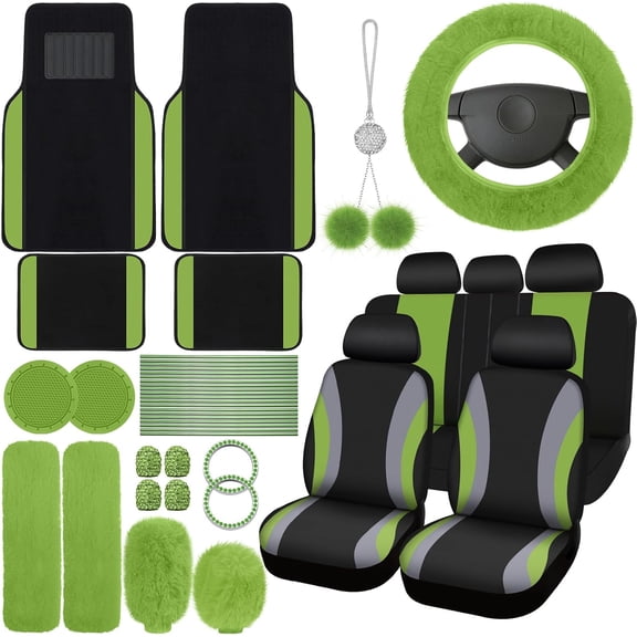 chalian 47 Pcs Car Seat Cover Full Set Car Accessories for Front Rear Seat Fluffy Steering Wheel Cover Belt Automotive Floor Mats Air Conditioner Decoration Strip(Green)