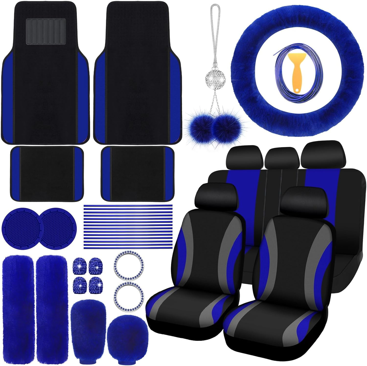 chalian 47 Pcs Car Seat Cover Full Set Car Accessories for Front Rear Seat Fluffy Steering Wheel Cover Belt Automotive Floor Mats Air Conditioner Decoration Strip(Blue)