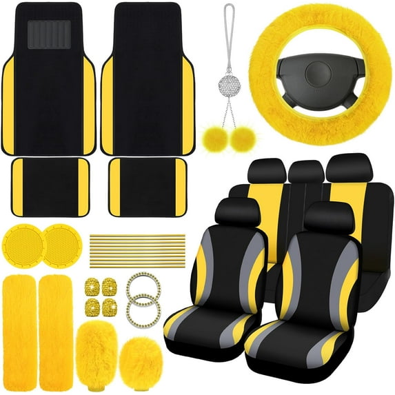 chalian 47 Pcs Car Seat Cover Full Set Car Accessories for Front Rear Seat Fluffy Steering Wheel Cover Belt Automotive Floor Mats Air Conditioner Decoration Strip(Yellow)