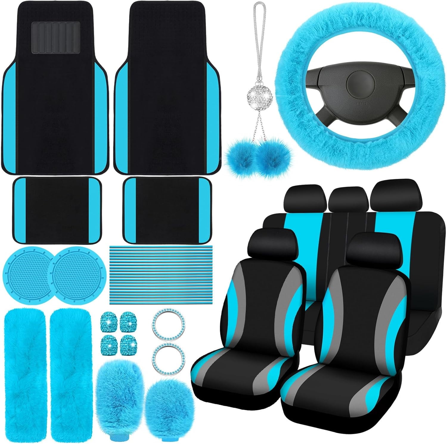 chalian 47 Pcs Car Seat Cover Full Set Car Accessories for Front Rear Seat Fluffy Steering Wheel Cover Belt Automotive Floor Mats Air Conditioner Decoration Strip(Lake Blue)