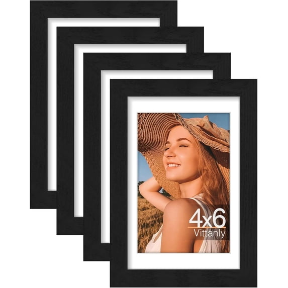 chalian 4x6 Picture Frame Set of 4, Display Pictures 3.5x5 with Mat or 4x6 without Mat, Engineered Wood with Shatter Resistant Plexiglass, Small Photo Frames for Wall or Tabletop Display, Black