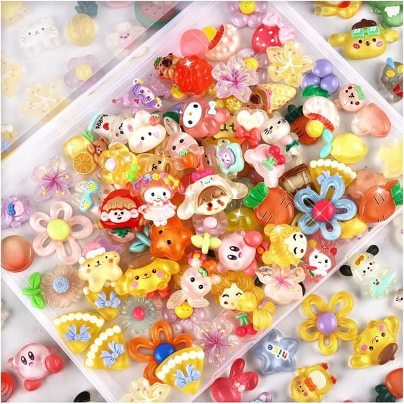 chalian- 80Pcs Kawaii Slime Charms Bulk Junk Case Charms Cute Resin Charm for Crafts Large Flatback Chram for Jewelry Making Mixed 3D Nail Decor for Acrylic Nails Clear Bear Carton Flower Decorations