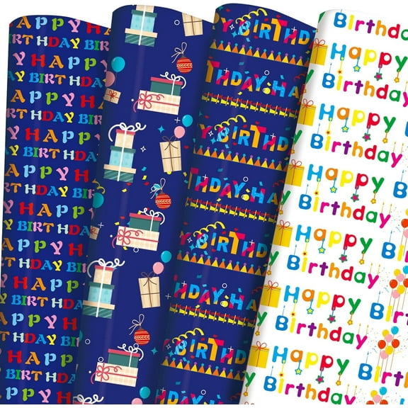 chalian Birthday Wrapping Paper 12 sheets Folded Happy Birthday Gift Wrapping Paper for Kids Boys Girls Men Women Baby 4 Style Colorful Birthday Greeting Gift Wrap Paper 20 X 29 Inches