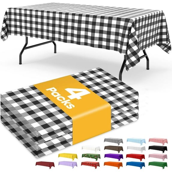 chalian - Black Checkered Plastic Table Cloth - 4 Pack 54" × 108" Rectangle Disposable Tablecloths for 6FT Tables, Waterproof Table Cover for Party, Holiday & Gathering Use