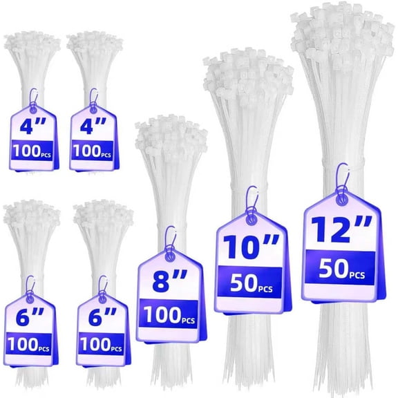 chalian - Cable Zip Ties,600 Piece Self-Locking Nylon CableTies,Assorted Sizes 4+6+8+10+12-Inch,Multi-Purpose Wire Management Plastic Ties,Perfect for Home,Garden,Office,Travel and Workshop.White