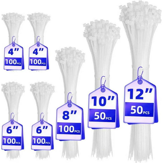 chalian - Cable Zip Ties,600 Piece Self-Locking Nylon CableTies,Assorted Sizes 4+6+8+10+12-Inch,Multi-Purpose Wire Management Plastic Ties,Perfect for Home,Garden,Office,Travel and Workshop.White
