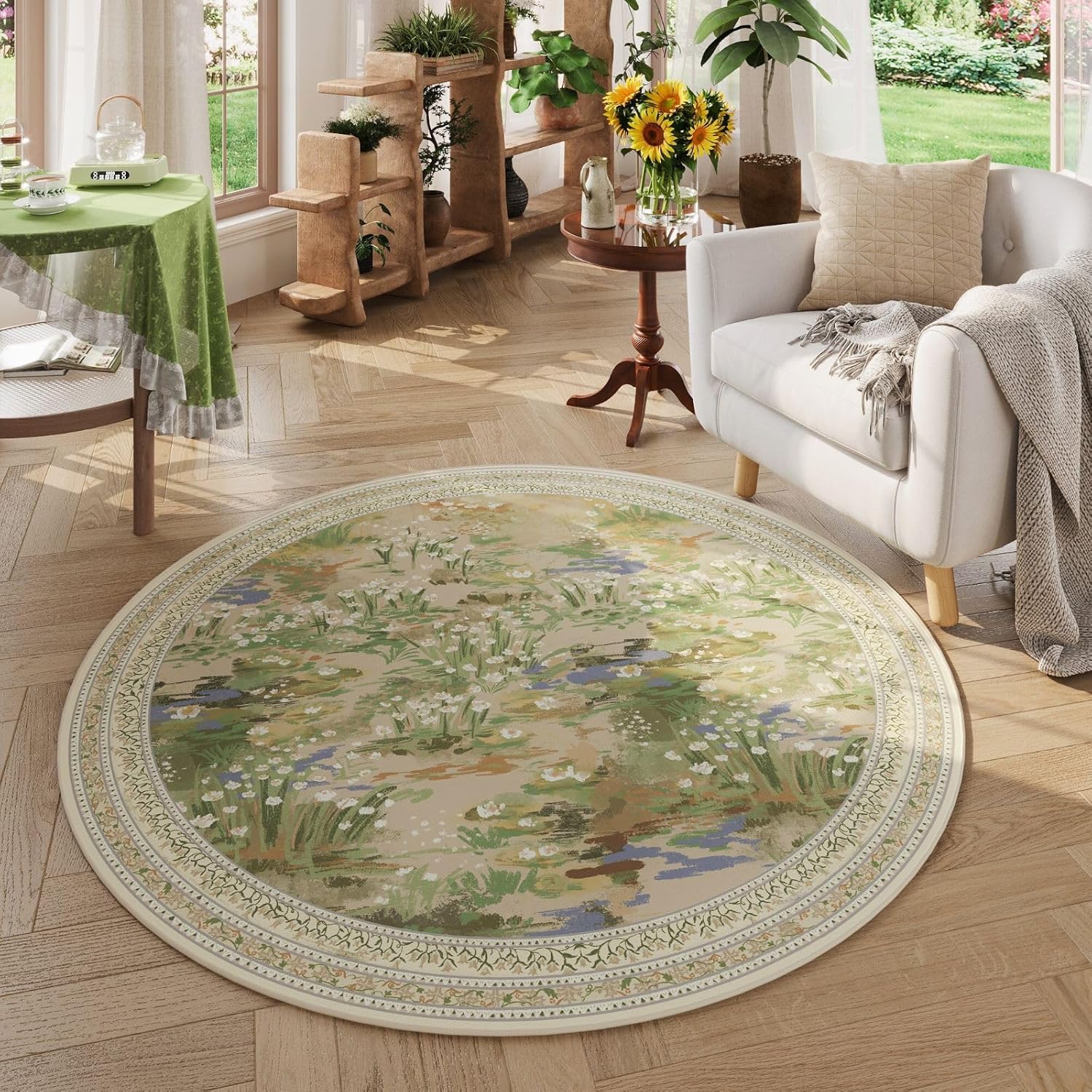 Retro Round Rug chalian Circle Rug Impressionist-Style Vintage Round Rug 4ft Non Slip ...