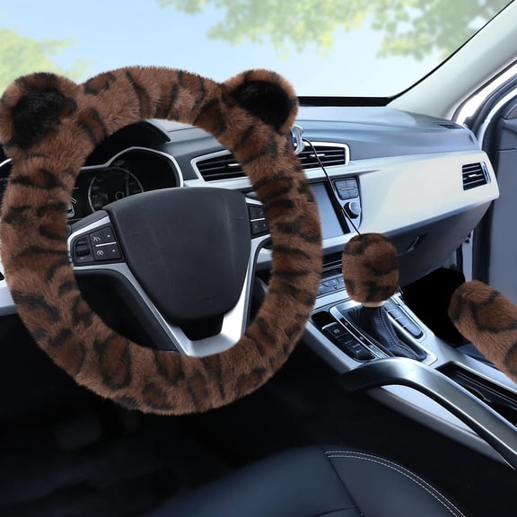 chalian-Fuzzy Car Steering Wheel Cover, Warm Fluffy Leopard Steering Wheel Cover with Cute Ears, Soft Plush Furry Car Accessories Decor for Women, Non-Slip Universal 15 inch Fit Vehicle, Truck, SUVs