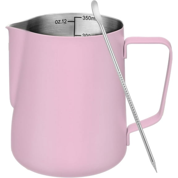 chalian-Milk Frothing Pitcher, 12 oz Milk Frother Cup with Clear Scale, 304 Stainless Steel Cappuccino Espresso Machine Accessories for Barista Coffee Bar with Latte Art Pen, Pink