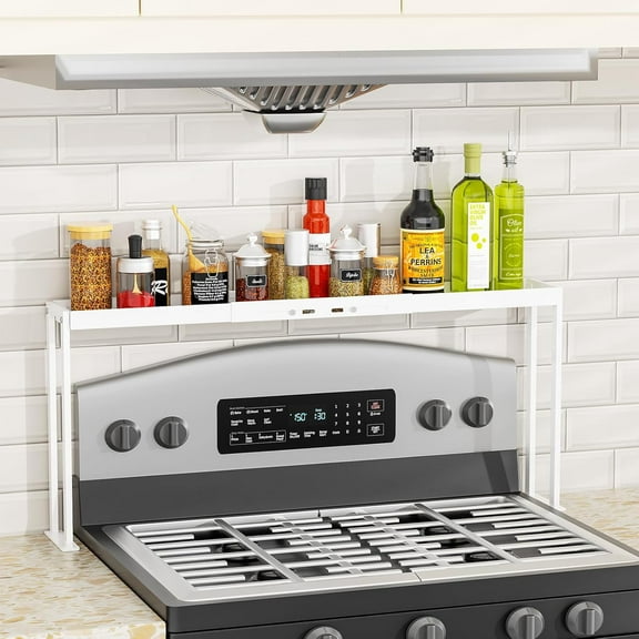 Stove Top Shelf for Curved Stove, Expand 27 to 33 Inch Spice Rack, 4 Level Adjustable Height Spice Shelf, Over the Stove Shelf for Back of Stove Spice Rack Organizer for Countertop, White